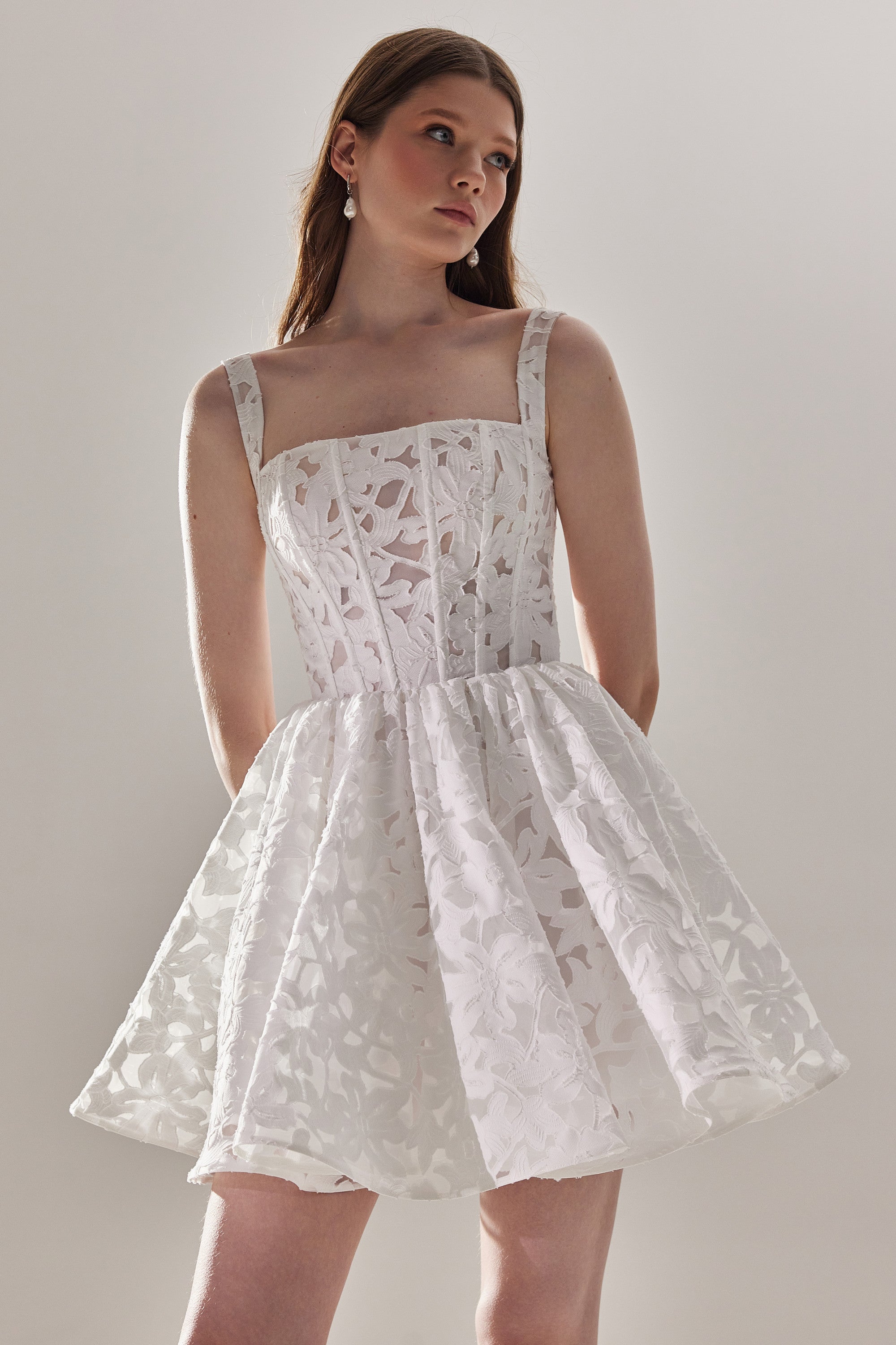 Short White Lace Wedding Dress Ruta | Square Neck Corset Mini Dress