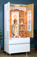 Designer Wooden Mandir for Home with Doors 67In Height 30In Width 18In Depth with Strip Lighting, Extra Storage, Floating Shelves