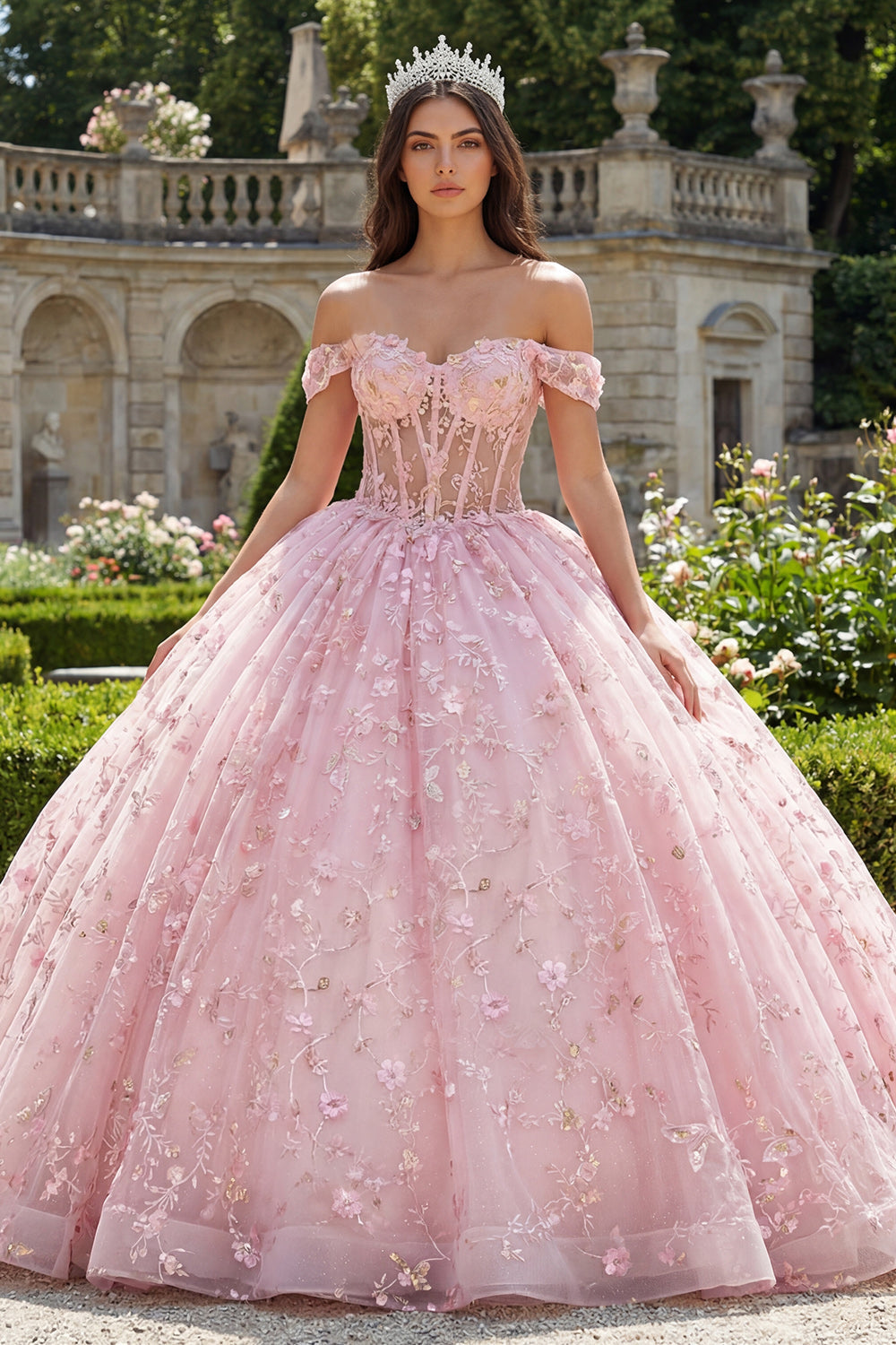 Pink Princess Sequin Corset Floral Long Off the Shoulder Quinceanera Dress