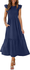 OFEEFAN Casual Dress Womens Maxi Dresses Tiered Dress Long Summer Dress Navy Blue XL