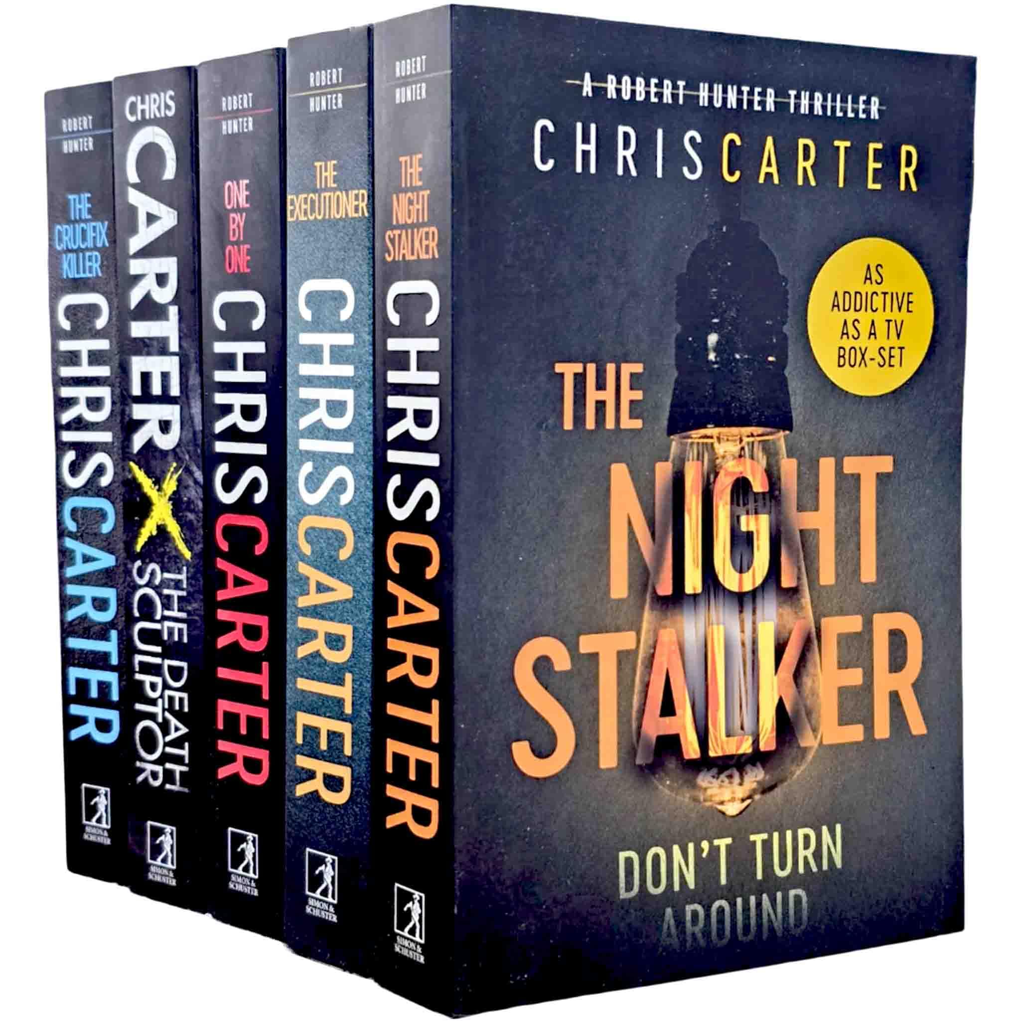 Collection of five Chris Carter Robert Hunter Series books by Simon & Schuster UK, featuring thriller novels with dark, gripping covers.