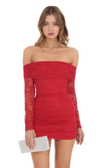 Off Shoulder Long Sleeve Lace Dress in Red