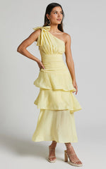 Eugenia Midi Dress – Yellow One-Shoulder Layered Fit & Flare Dress