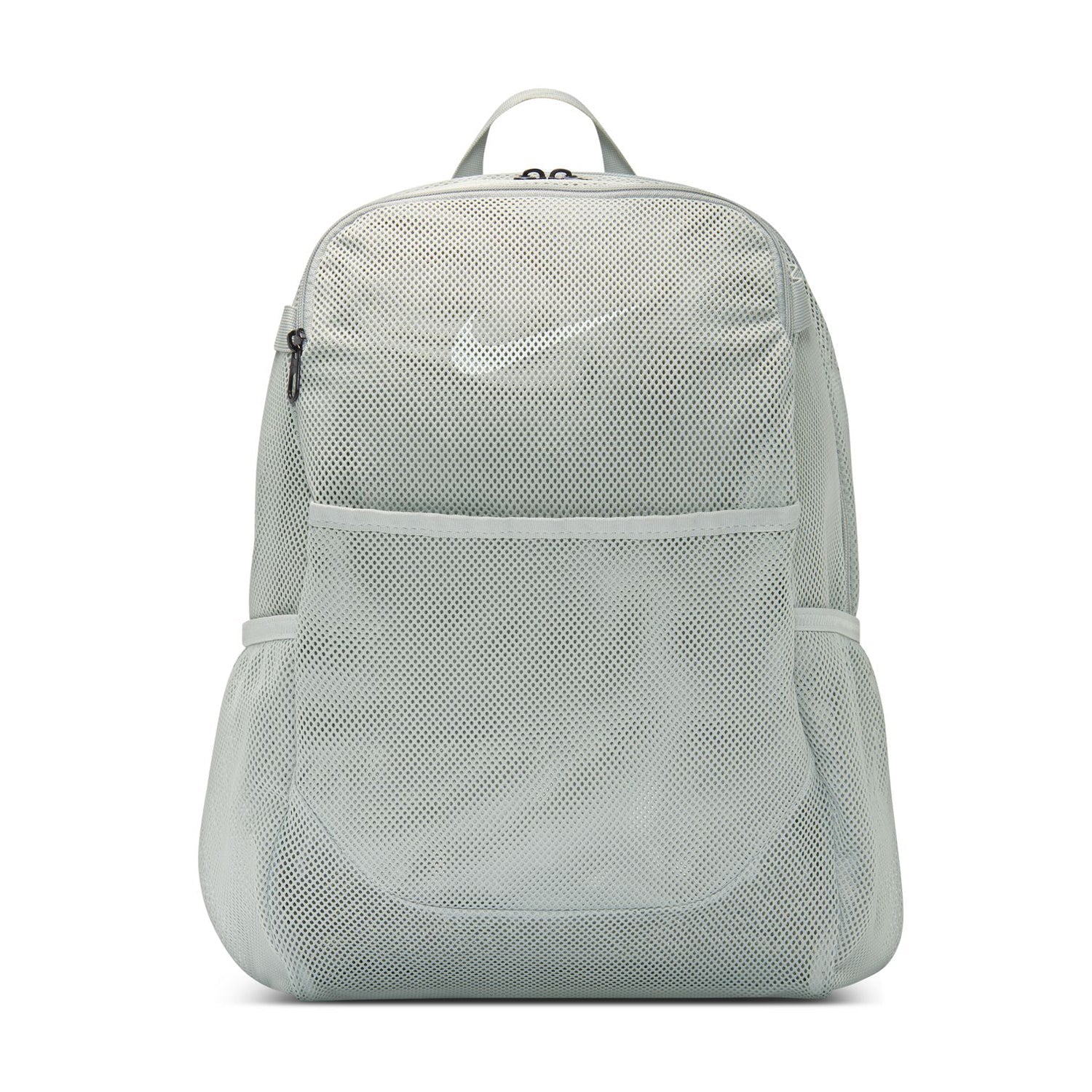 Light smoke grey mesh backpack with white trim, front pocket, and top handle.