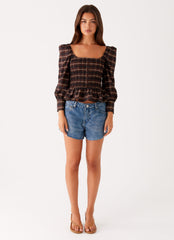 Joyce Long Sleeve Cotton Shirred Top - Chocolate Check