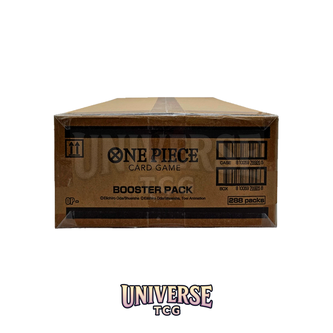 Card game booster pack box for 'One Piece' card game with 'Universe TCG' branding.Card game booster pack box with 'One Piece' branding on a white background Universe TCG One Piece Case