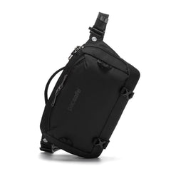 Pacsafe® EXP 12 Anti-theft Sling Crossbody in black with zippers, adjustable strap, brand logo, made of recycled polyester.