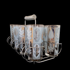 Set of eight 1950s-70s Libbey Riviera highball glasses in chrome caddy with spiral handle