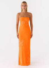 Sassafras Beaded Flower Strapless Maxi Dress - Orange