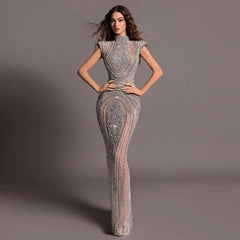 Luxury Designer Dubai Silver Nude Arabic Evening Dresses LA72344