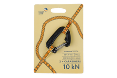 Zwei kleine schwarze Ticket to the Moon Hängematten-Karabiner 10 kN aus Aluminium auf ihrer gelben Originalverpackung
