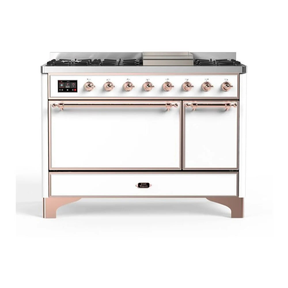 ILVE Majestic II 48" Dual Fuel Freestanding Range in White with Copper Trim, UM12FDQNS3WHPLP