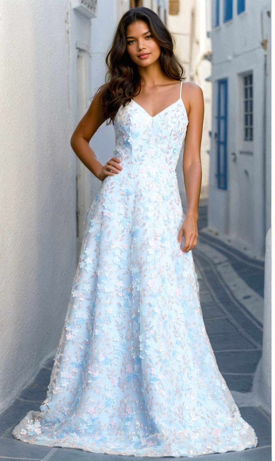 A woman stands in a narrow alley wearing the Long Light Blue Floral Prom Dress: Chicas CHF3092, featuring delicate 3-D flowers and thin shoulder straps.
