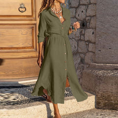 BLTIBY Cotton Linen Shirt Dress for Womens Pleated Button Long Dress Long Sleeve A-line Loose Swing Dress with Pockets Army Green L, Women's, Size: