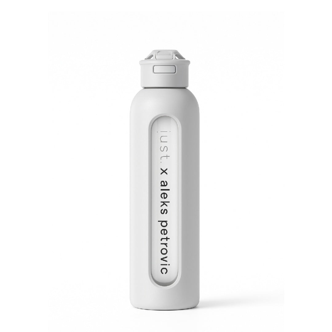 1L (34oz) glass water bottle with straw lid by Just Bottle x Aleks Petrovic