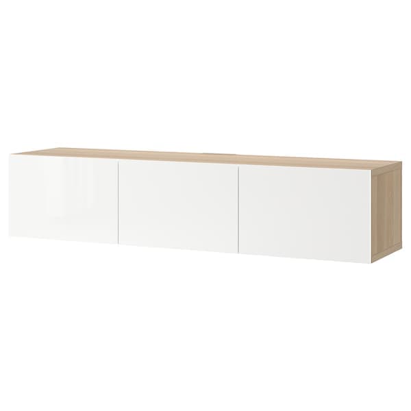 Ikea BESTÅ - TV bench with doors, white stained oak effect/Selsviken high-gloss/white, 180x42x38 cm