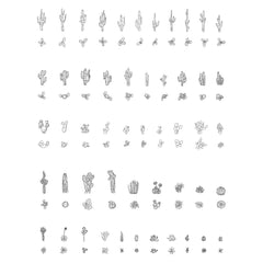 Fifty CAD cactus and desert plants in plan and elevation. Black and White.