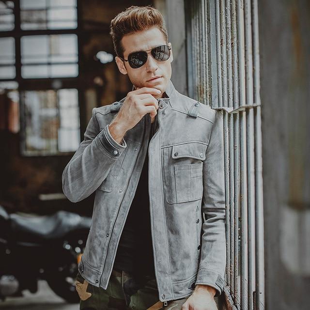 Casual Men's Solid Gray Genuine Pigskin Leather Motorcycle Jacket - SolaceConnect.com