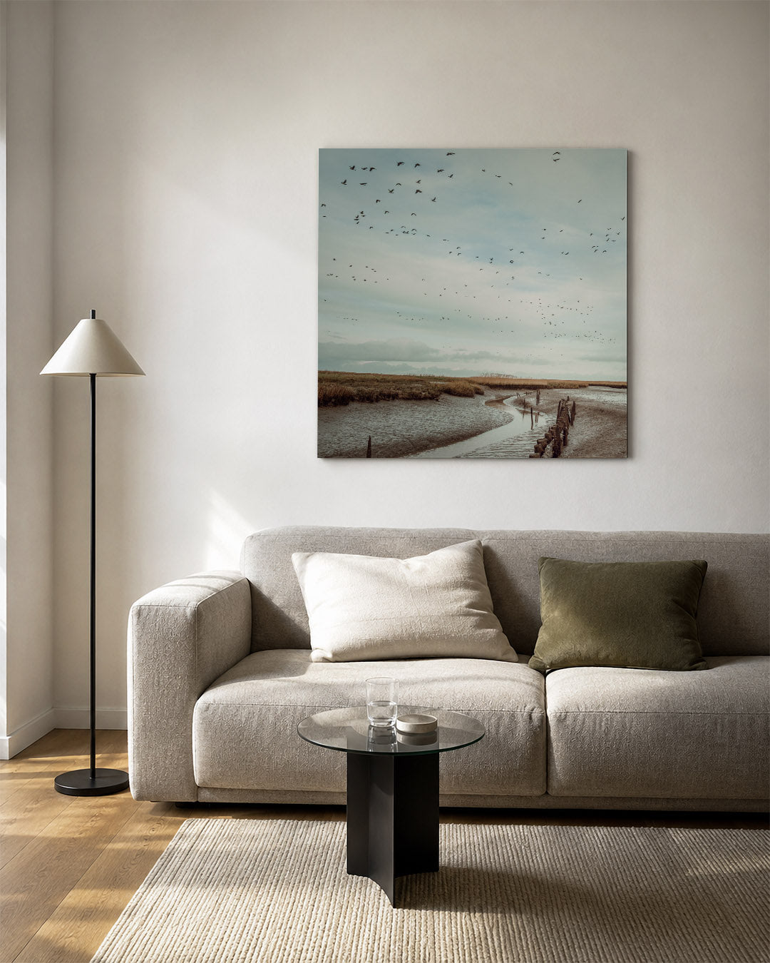 Vogels boven landschap Kunstwerk