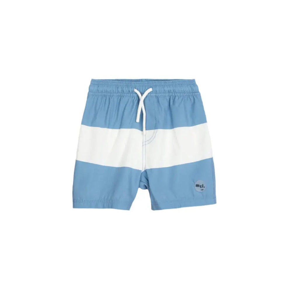Miles The Label Swim Trunks Light Blue with white stripe; model ties the white drawstring at the waist.