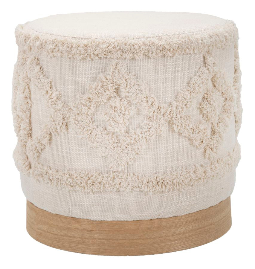 pouf rotondo base in legno rivestito in tessuto ricamato