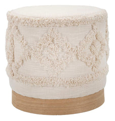 pouf rotondo base in legno rivestito in tessuto ricamato