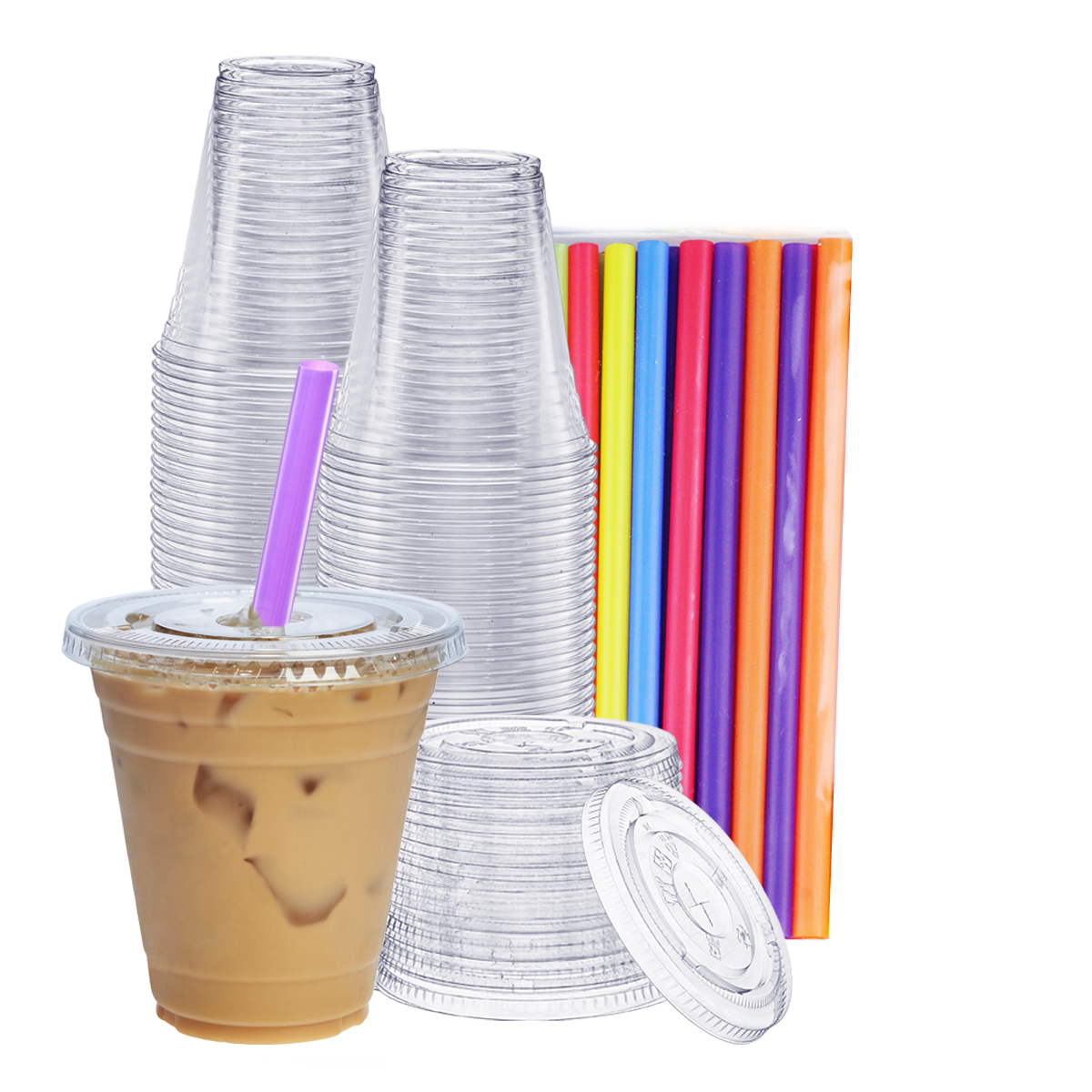 12 oz. Crystal Clear Plastic Cups With Flat Lids & Colored Straws - Comfy Package