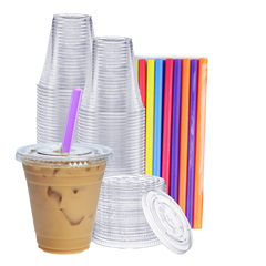 12 oz. Crystal Clear Plastic Cups With Flat Lids & Colored Straws - Comfy Package