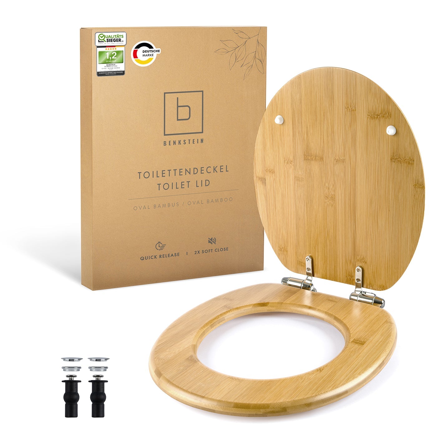 Premium Bambus-WC-Sitz - oval mit Holzoptik, Soft-Close, Quick-Release und rostfreien Beschlägen, passend für Standard-Toiletten.