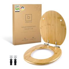 Premium Bambus-WC-Sitz - oval mit Holzoptik, Soft-Close, Quick-Release und rostfreien Beschlägen, passend für Standard-Toiletten.