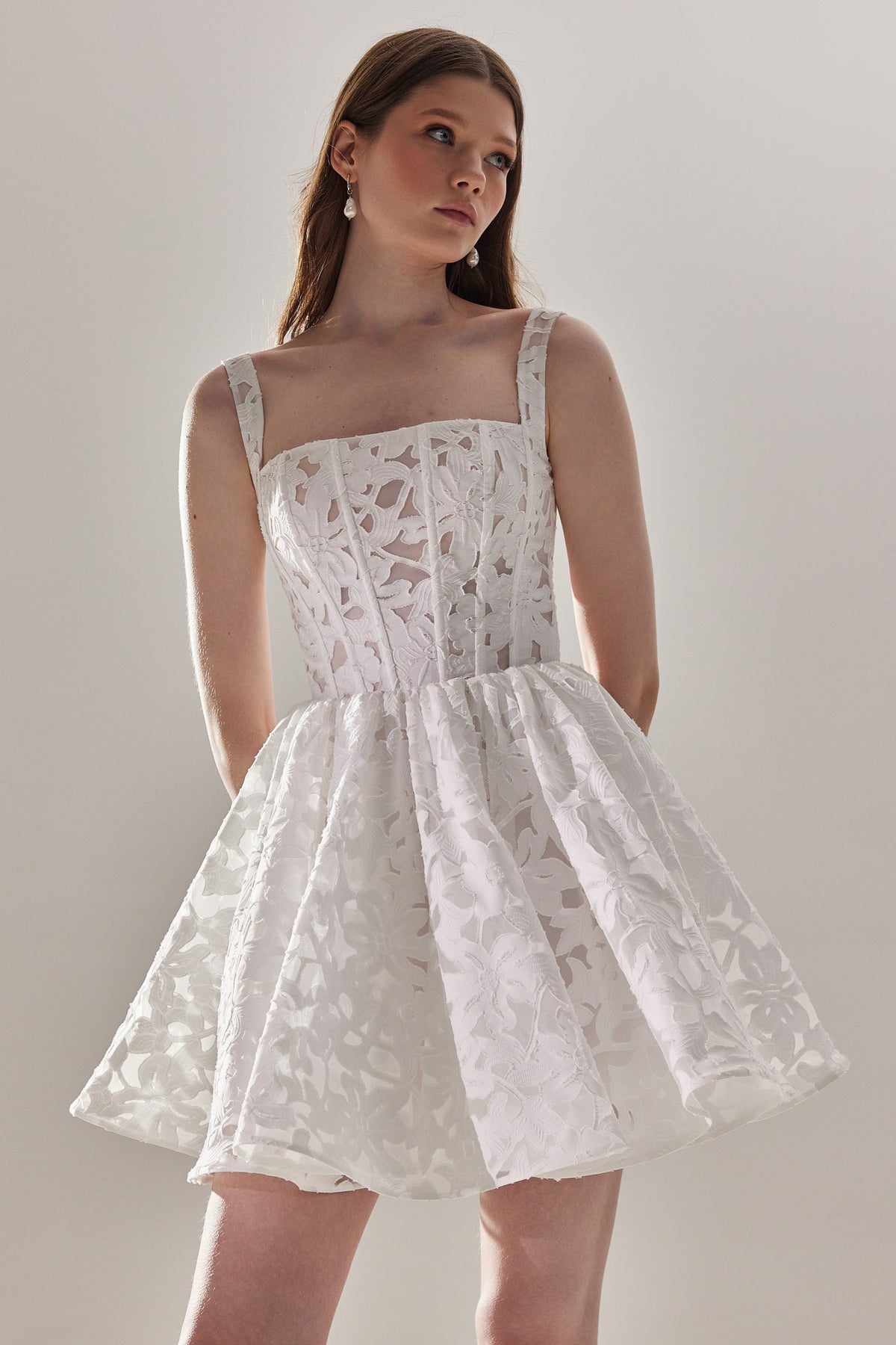 Short White Lace Wedding Dress Ruta | Square Neck Corset Mini Dress