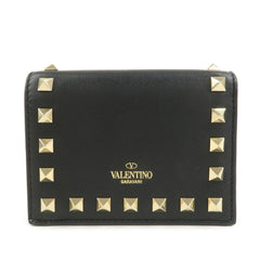 VALENTINO Leather Studs Compact Bi-Fold Wallet Black Gold