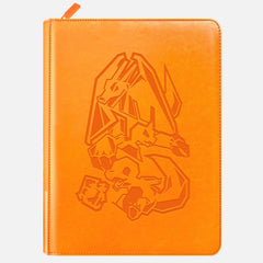 Orange leather Pokemon card binder with embossed Charizard design and signature orange zipper pull
