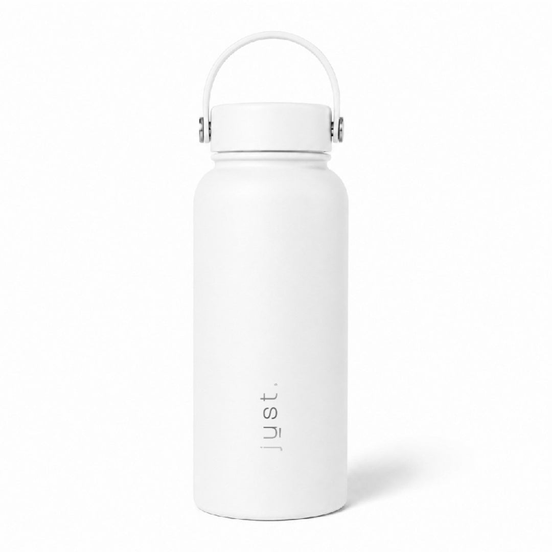 White 1 litre 34oz stainless steel water bottle fro Just Bottle - front view