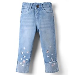 Babyhug Full Length Washed Denim Jeans with Stretch & Star Embroidery - Light Blue
