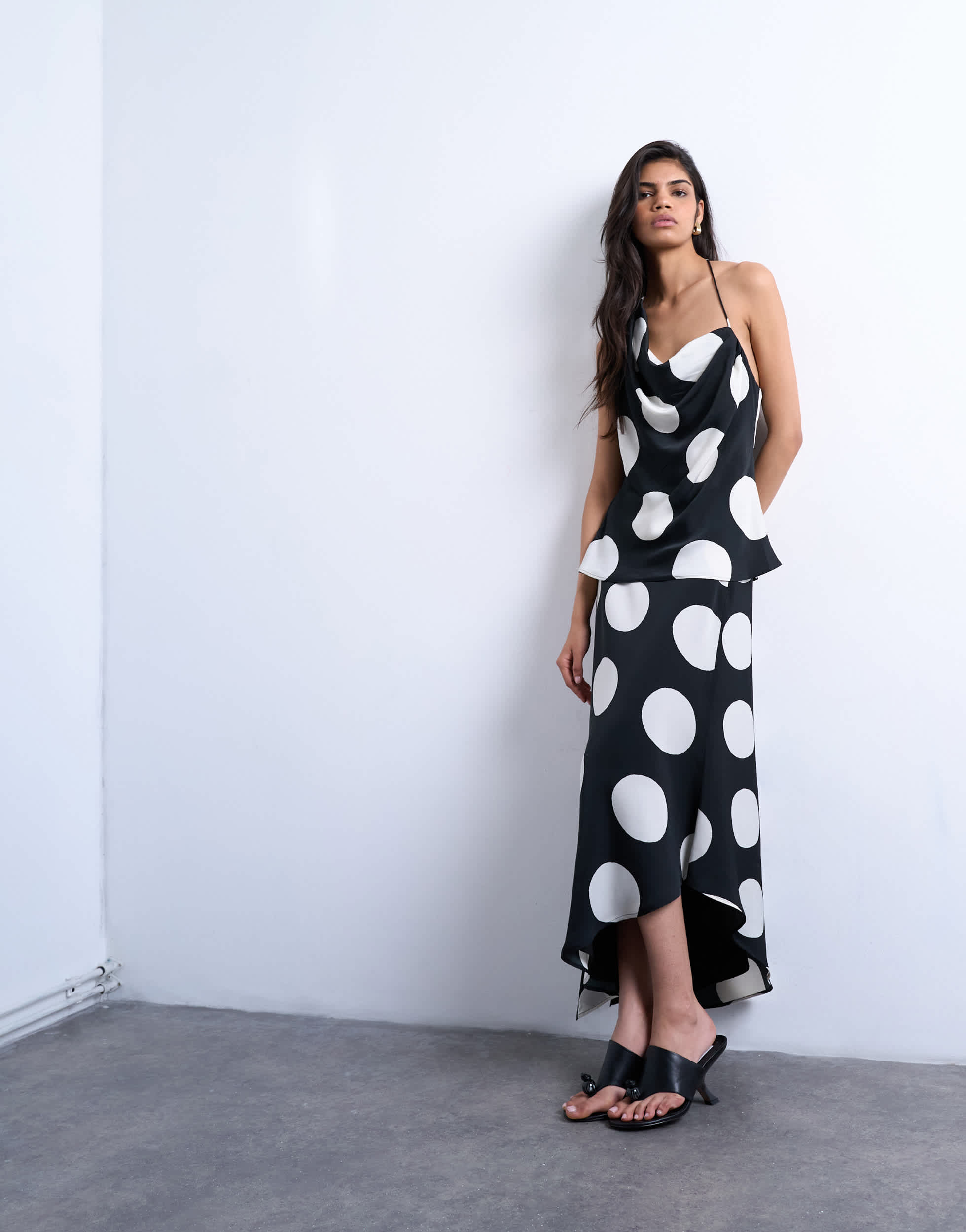 Topshop co-ord bias maxi slip skirt in large mono spot