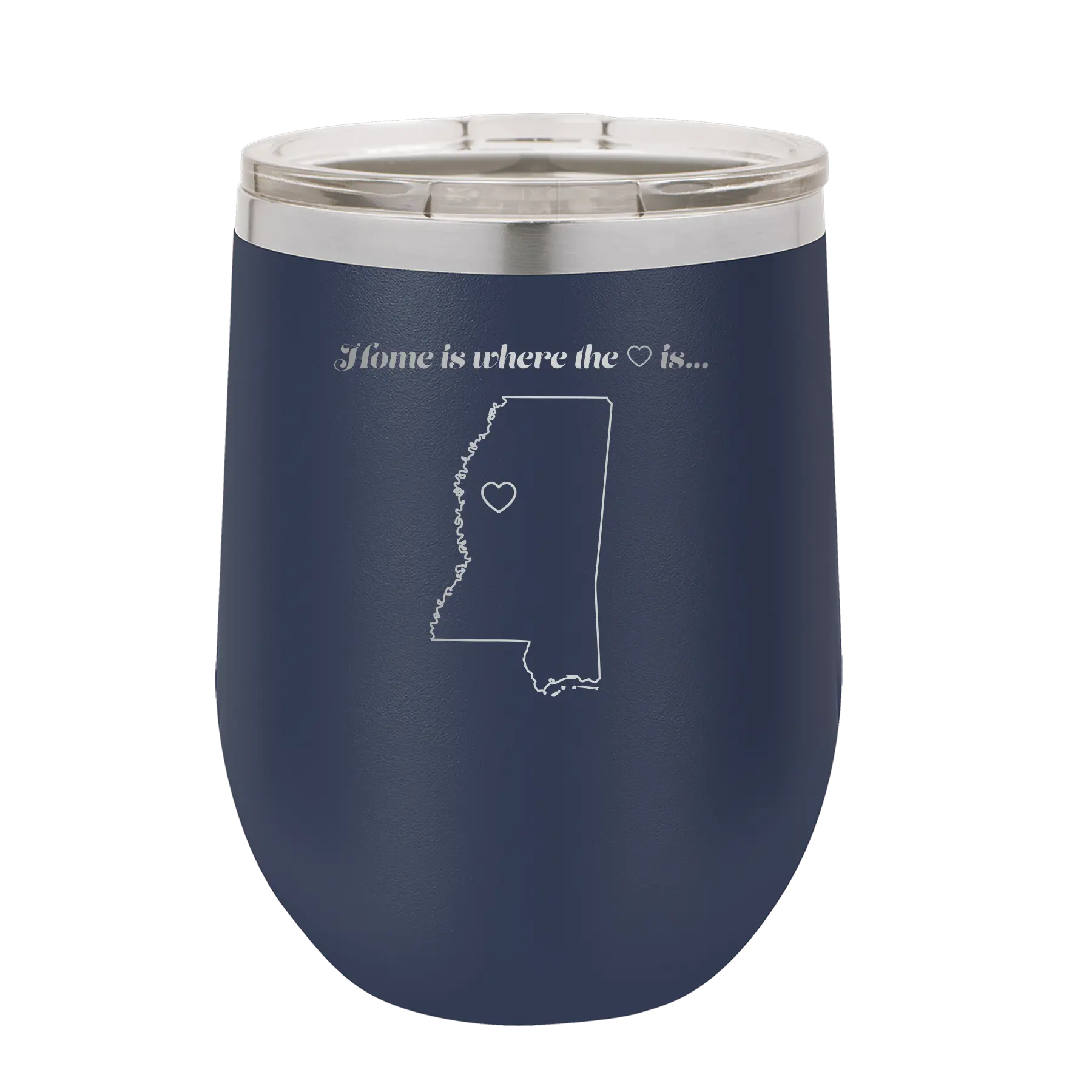 Laser etched navy 12 oz vacuum insulated wine cup with 'Mississippi Heart' design