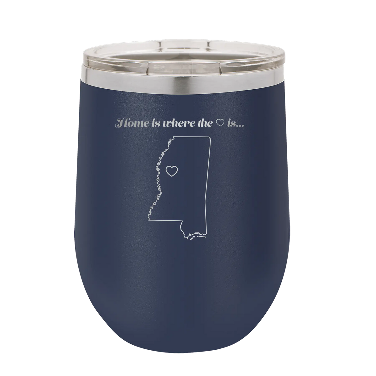Laser etched navy 12 oz vacuum insulated wine cup with 'Mississippi Heart' design