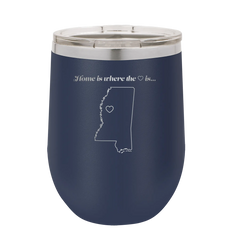 Laser etched navy 12 oz vacuum insulated wine cup with 'Mississippi Heart' design