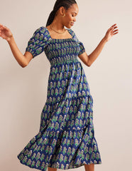 Maxikleid mit gesmoktem Oberteil-Französisches Marineblau, Kunstvolle Blumen