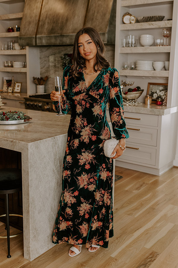 Poised Romance Floral Velvet Burnout Maxi Dress in Forest
