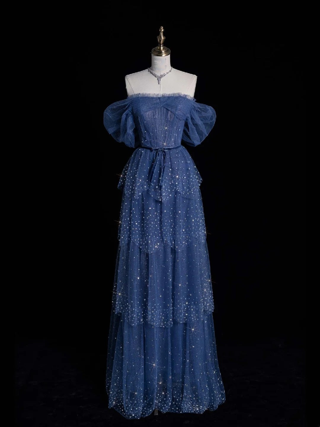 Modest A Line Off The Shoulder Navy Blue Tulle Prom Dresses With Sleeves Inspiration Party Gowns Princess Formal Dress N764