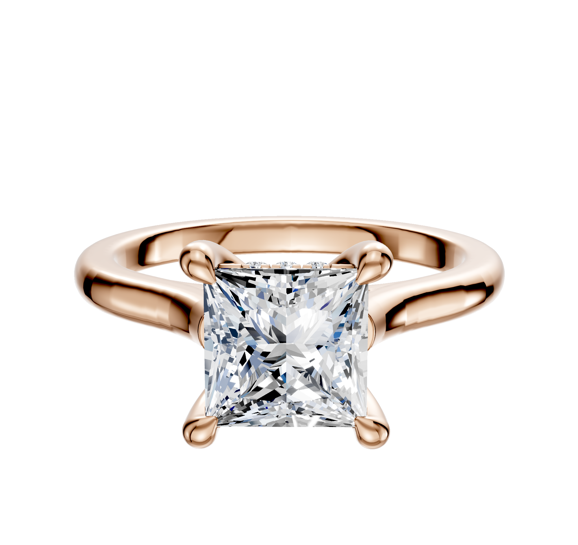An 18K rose gold engagement ring featuring a cathedral dome design and a square, princess-cut diamond secured in a four-prong hidden halo setting, displayed against a plain white background.