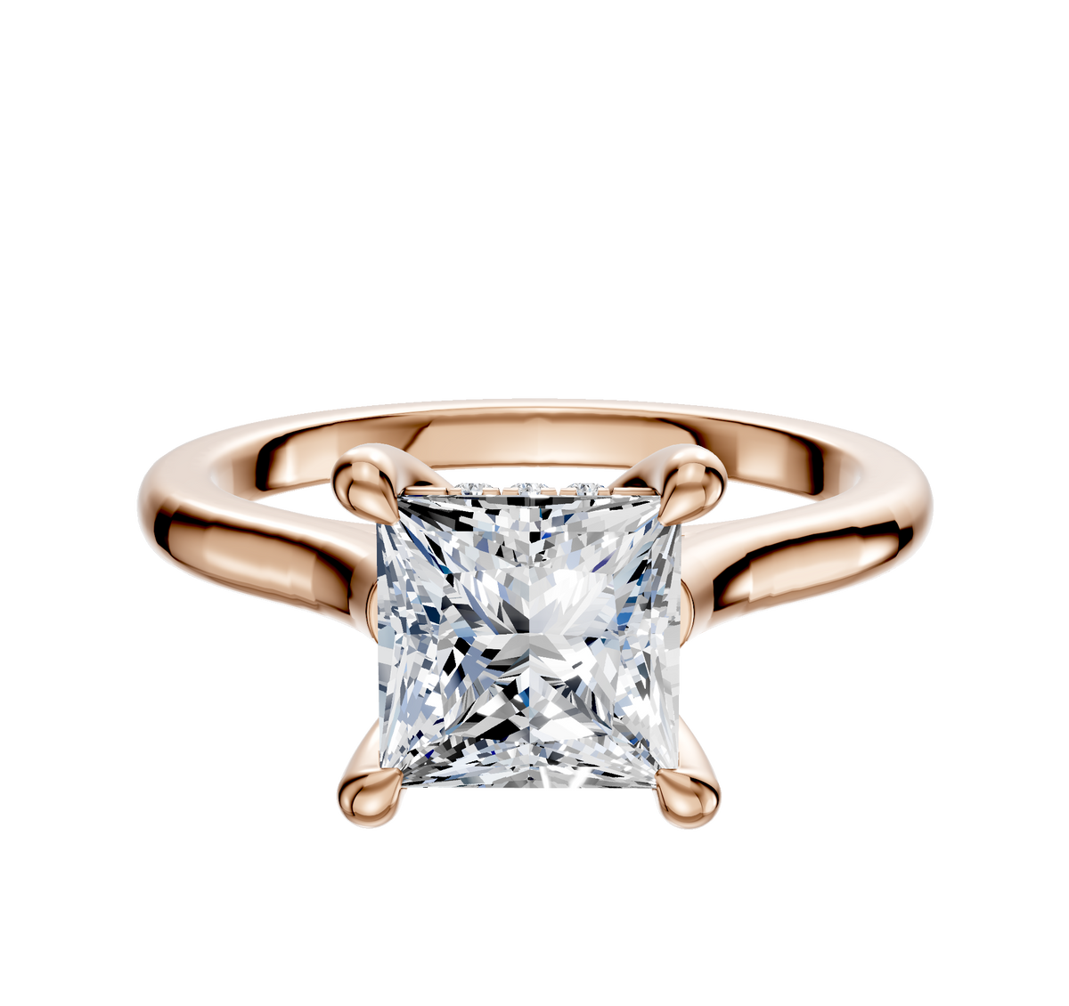 An 18K rose gold engagement ring featuring a cathedral dome design and a square, princess-cut diamond secured in a four-prong hidden halo setting, displayed against a plain white background.