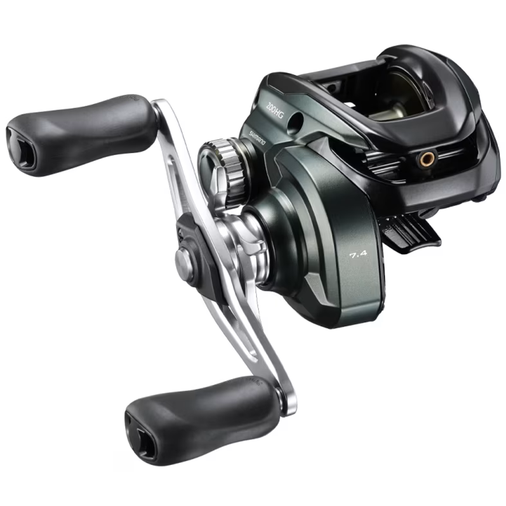 Shimano Curado M 200 baitcasting fishing reel with ergonomic dual handles and smooth drag system, designed for precision and durability in fishing tackle.