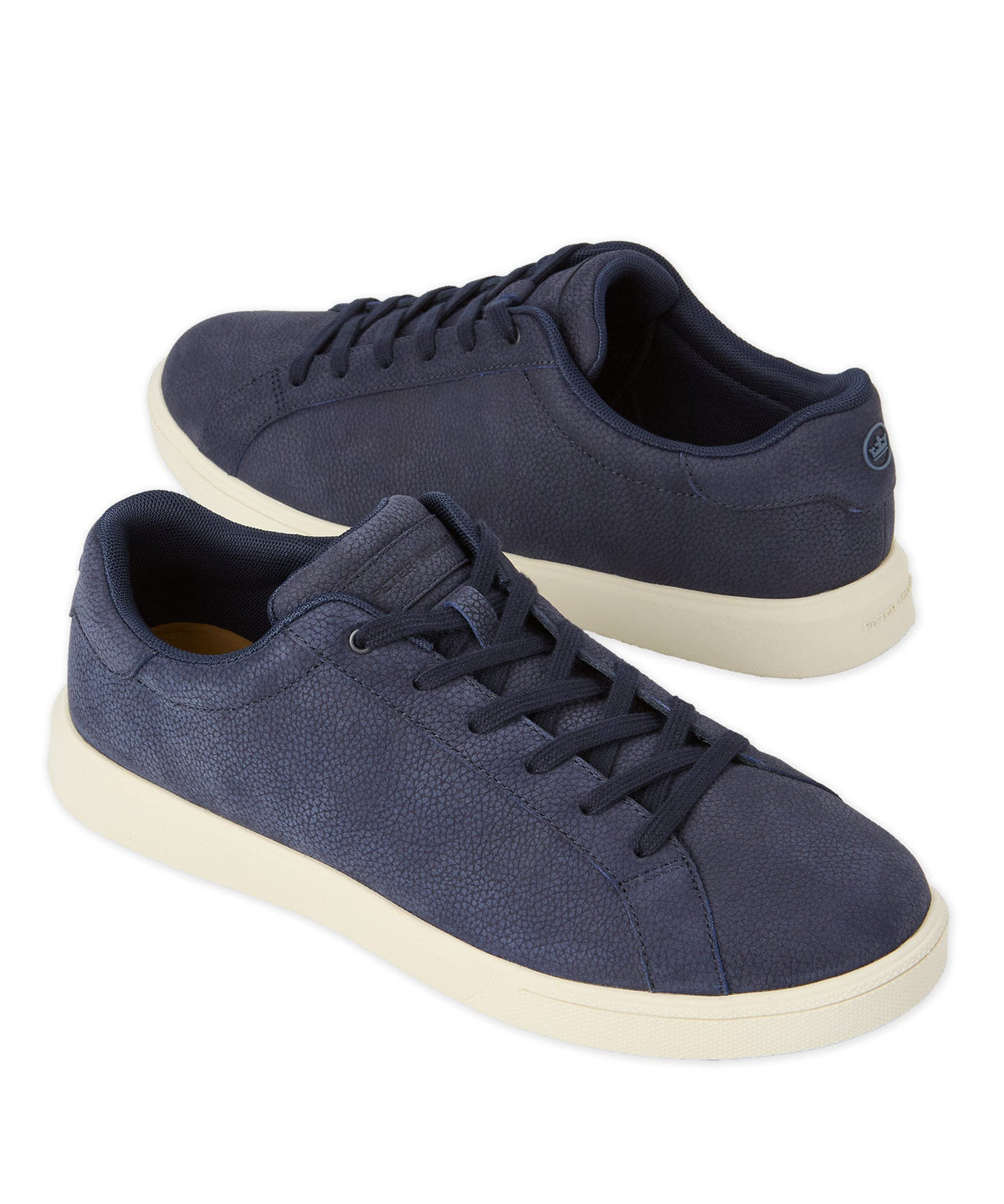 Navy nubuck low-top sneaker, lace-up design with white rubber sole.