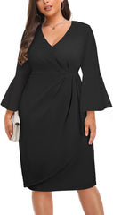 Talisea Women Plus Size Work Dress - Semi Formal Wedding Guest Church Business Office Interview V Neck Bell Sleeve Dress