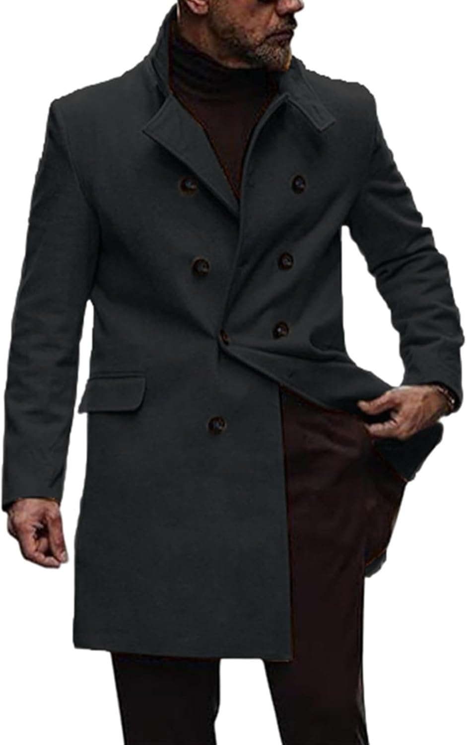 Men's Winter Coat Classic Notched Collar Double Breasted Wool Blend Pea Coat Casual Trench Overcoat Warm Jacket Outdoor