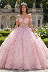 Pink Princess Sequin Corset Floral Long Off the Shoulder Quinceanera Dress