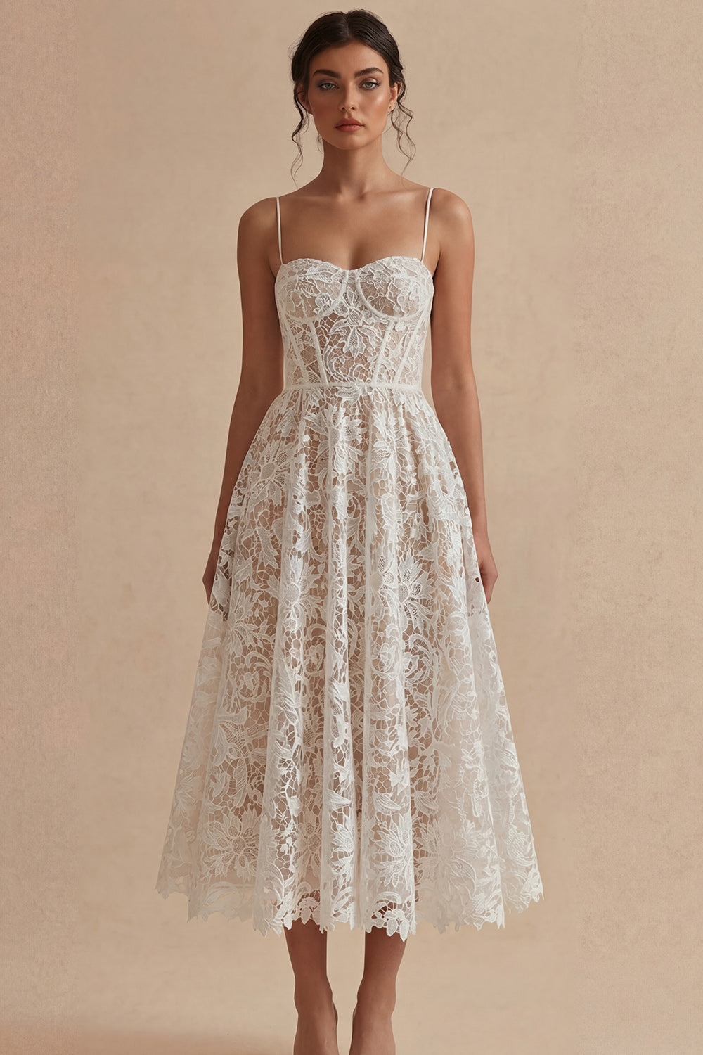 A Line White Corset Spaghetti Straps Lace Midi Engagement Dress